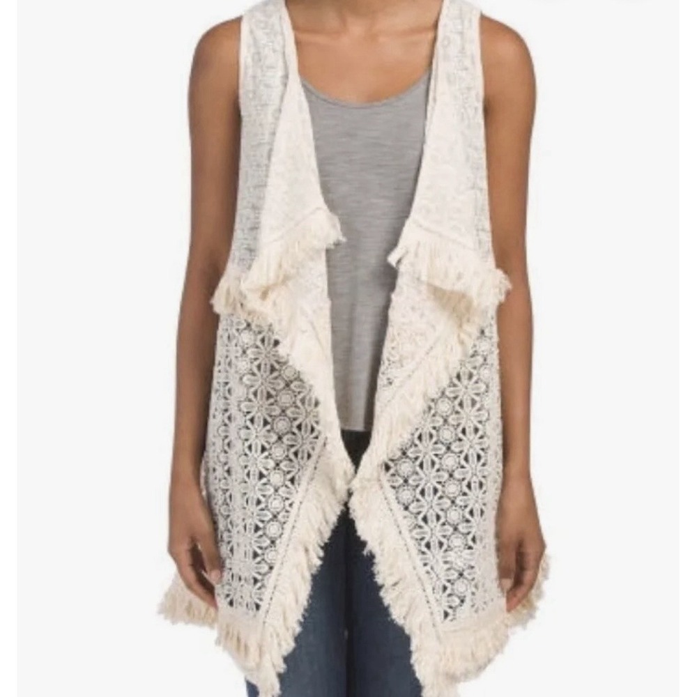 Miss Me Crochet Lace Cardigan Vest Cream Fringe Boho Fairy Festival Western S